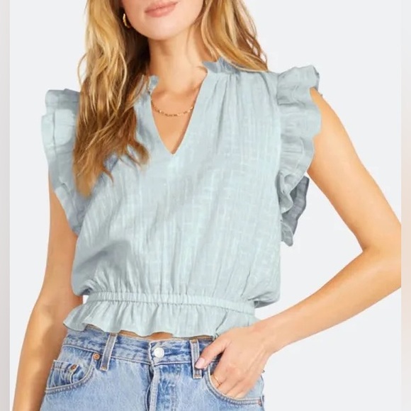 BB Dakota by Steve Madden Tops - 🏷️ NWT Bb Dakota Women's Are You Frill Light Sea Mist Blue Cotton Top